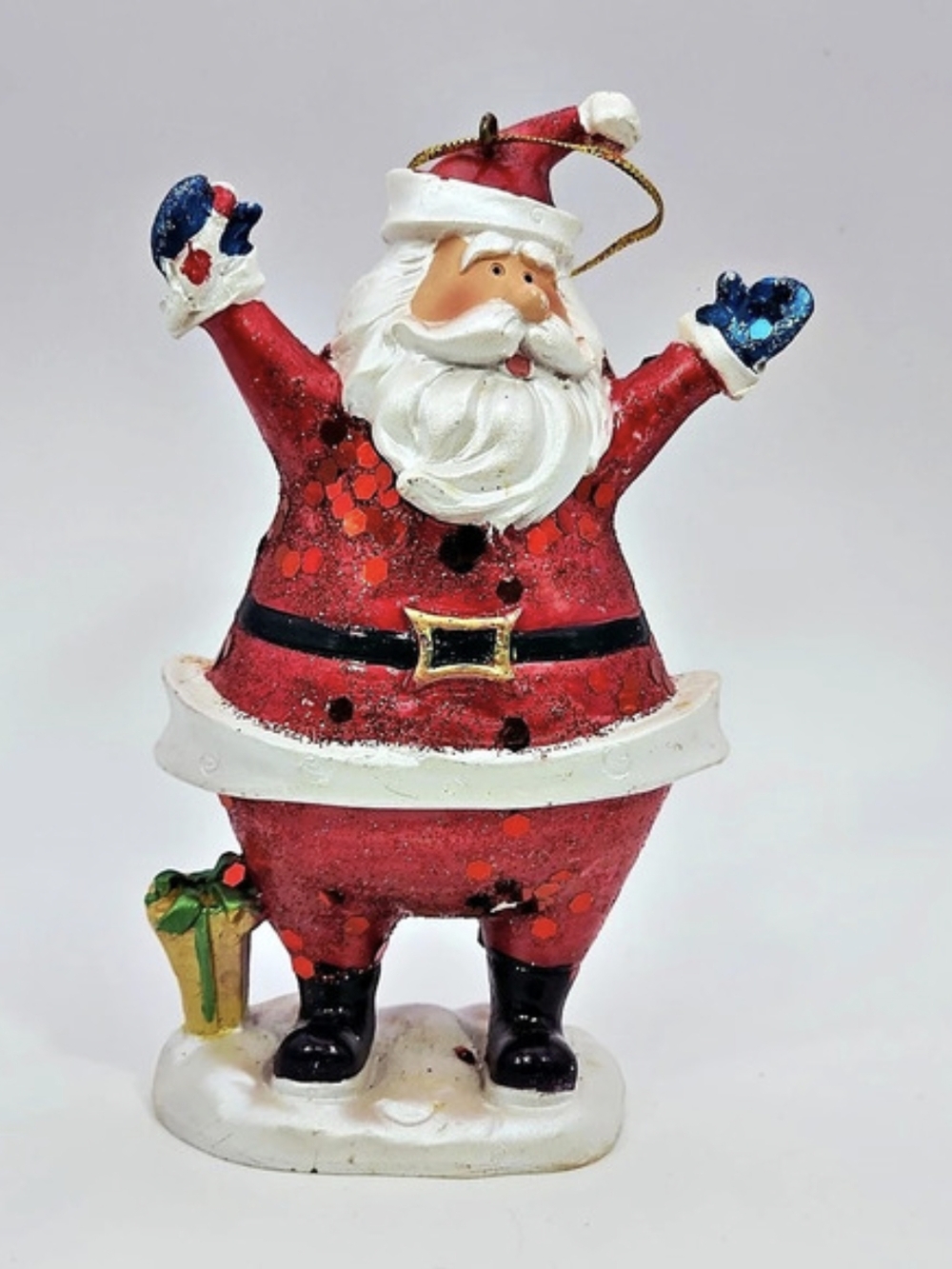 Kitschy Sequin Santa Ornament Arms Up Holiday Tree Decor Stands or Hangs